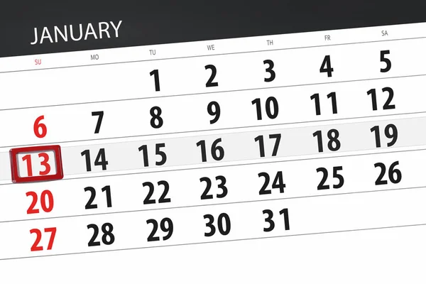 Ημερολόγιο για το σχεδιασμό για το μήνα Ιανουάριο 2019, ημέρας προθεσμία, 13, Κυριακή — Φωτογραφία Αρχείου