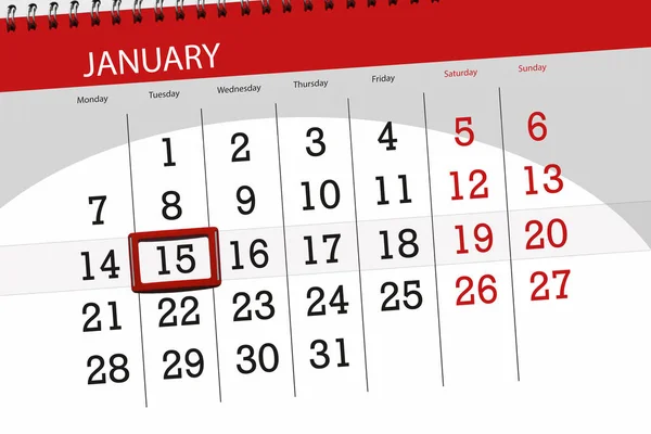 Планувальник календаря за місяць січень 2019 року, кінцевий день, 15, вівторок — стокове фото
