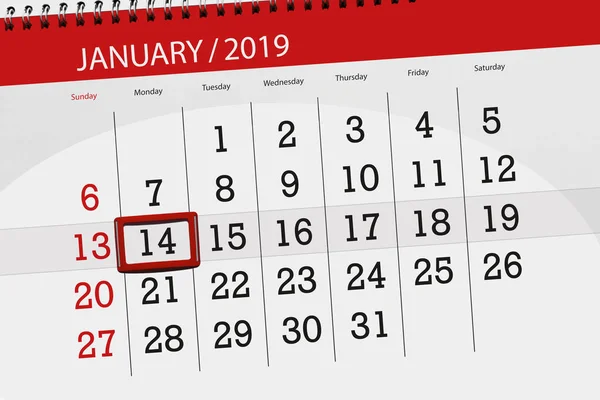 Planificador de calendario para el mes enero 2019, fecha límite, 14, lunes —  Fotos de Stock