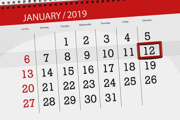 Calendário planejador para o mês de janeiro de 2019, data limite, 12, sábado — Fotografia de Stock