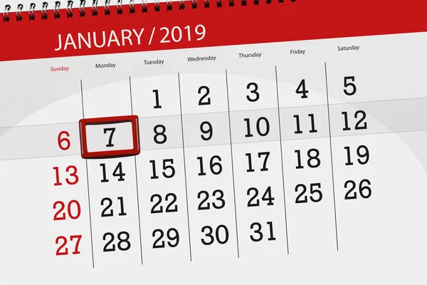 Calendário planejador para o mês de janeiro de 2019, data limite, 7, segunda-feira — Fotografia de Stock
