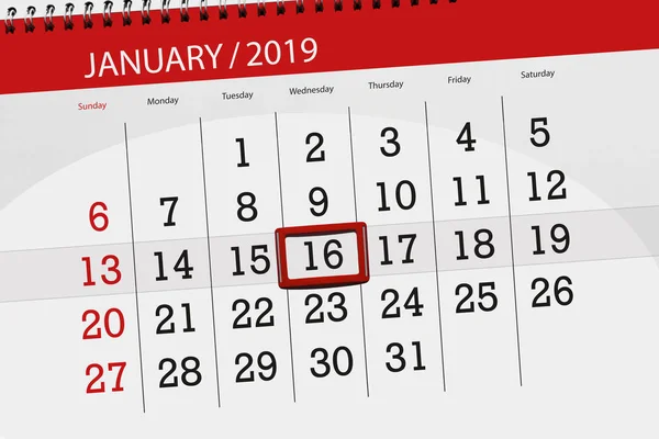 Planner kalendarz dla miesiąca stycznia 2019, termin dnia 16 środa — Zdjęcie stockowe