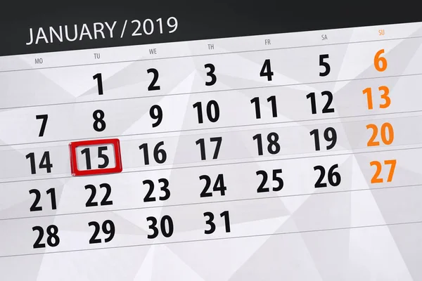 Планировщик календаря на месяц январь 2019, крайний срок, 15, вторник — стоковое фото