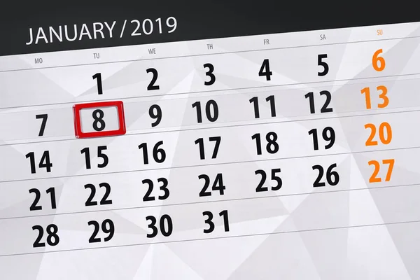 Планировщик календаря на месяц январь 2019, крайний срок, 8, вторник — стоковое фото