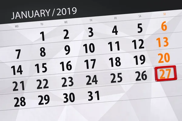 Планировщик календаря на месяц январь 2019, крайний срок, 27, воскресенье — стоковое фото