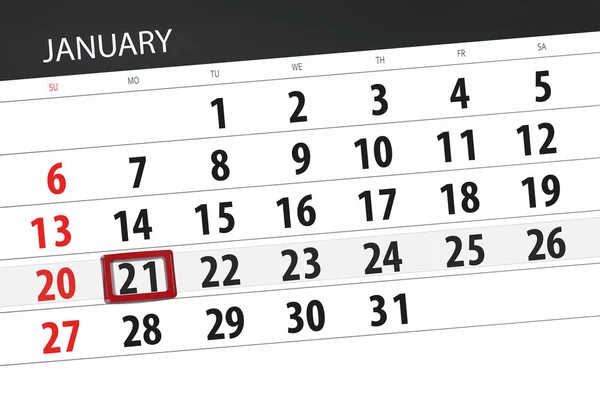 Ημερολόγιο για το σχεδιασμό για το μήνα Ιανουάριο 2019, ημέρας προθεσμία, 21, Δευτέρα — Φωτογραφία Αρχείου