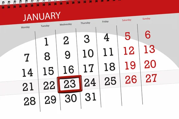 Планувальник календаря за місяць січень 2019 року, кінцевий день, 23 середа — стокове фото
