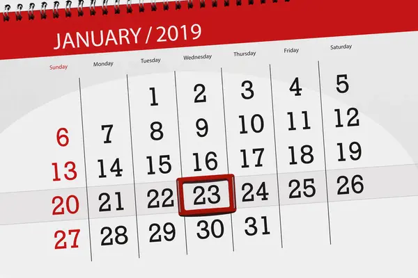 Planificador de calendario para el mes enero 2019, fecha límite, 23 miércoles —  Fotos de Stock