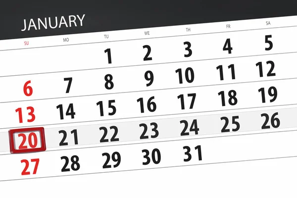 Planificador de calendario para el mes enero 2019, fecha límite, 20, domingo —  Fotos de Stock