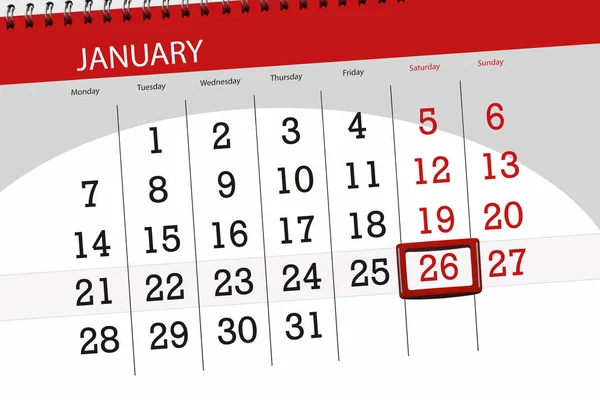 Планувальник календаря за місяць січень 2019 року, кінцевий день, 26, субота — стокове фото