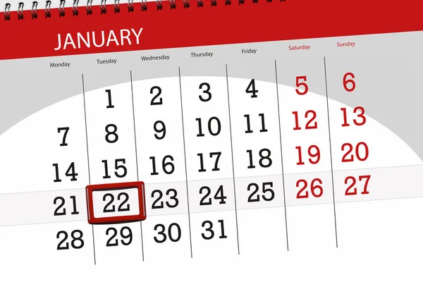 Planner kalendarz dla miesiąca stycznia 2019, termin dnia, 22, wtorek — Zdjęcie stockowe