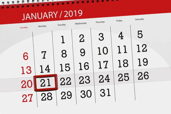 Planificador de calendario para el mes enero 2019, fecha límite, 21, lunes —  Fotos de Stock