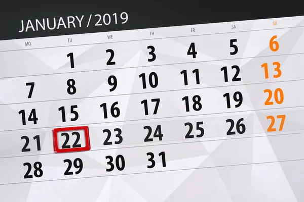 Планировщик календаря на месяц январь 2019, крайний срок, 22, вторник — стоковое фото