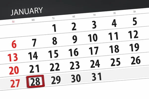 Ημερολόγιο για το σχεδιασμό για το μήνα Ιανουάριο 2019, προθεσμία ημέρα, 28, Δευτέρα — Φωτογραφία Αρχείου