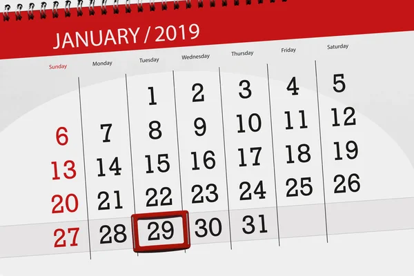Planner kalendarz dla miesiąca stycznia 2019, termin dnia 29, wtorek — Zdjęcie stockowe