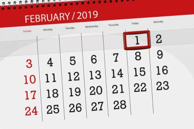 Ay Şubat 2019, son günü, 1, Cuma için Takvim Planlayıcısı