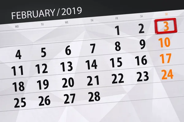 Planificador de calendario para el mes de febrero de 2019, fecha límite, 3, domingo — Foto de Stock