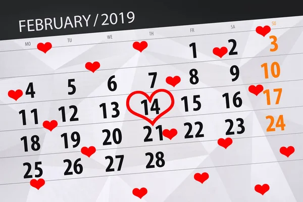 Calendário planejador para o mês de fevereiro de 2019, data limite, 14, quinta-feira — Fotografia de Stock