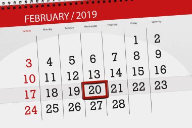 Ay Şubat 2019, son günü, 20 Çarşamba için Takvim Planlayıcısı