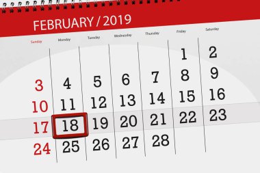 Ay Şubat 2019, son günü, 18, Pazartesi için Takvim Planlayıcısı