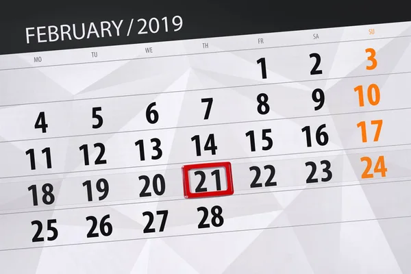 Планировщик календаря на февраль 2019, крайний срок, 21, четверг — стоковое фото