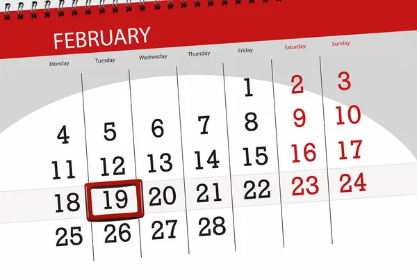 2019年2月的日历计划, 截止日期, 19, 星期二 — 图库照片