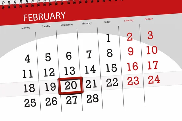 Calendar planner for the month february 2019, deadline day, 20 wednesday — Stock Photo, Image