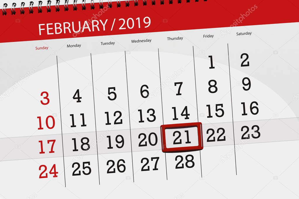 Calendar planner for the month february 2019, deadline day, 21, thursday