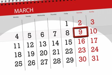 Ay Mart 2019 için Takvim Planlayıcısı, son günü, 9, Cumartesi