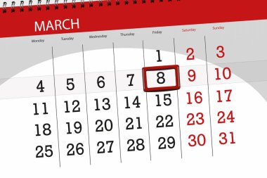 Ay Mart 2019 için Takvim Planlayıcısı, son günü, 8, Cuma