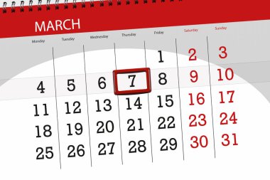 Ay Mart 2019 için Takvim Planlayıcısı, son günü, 7, Perşembe