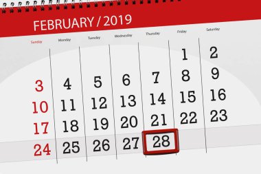 Ay Şubat 2019, son günü, 28, Perşembe için Takvim Planlayıcısı