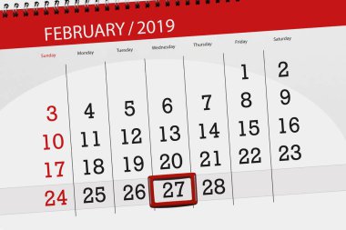 Ay Şubat 2019, son günü, 27 Çarşamba için Takvim Planlayıcısı