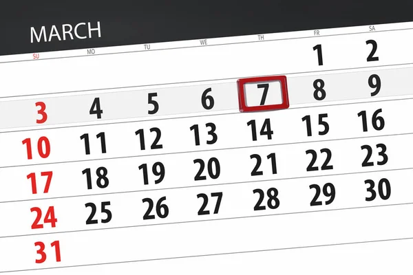 Planificador de calendario para el mes de marzo de 2019, fecha límite, 7, jueves — Foto de Stock