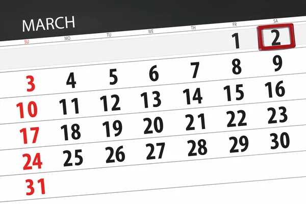Planificador de calendario para el mes de marzo de 2019, fecha límite, 2, sábado — Foto de Stock