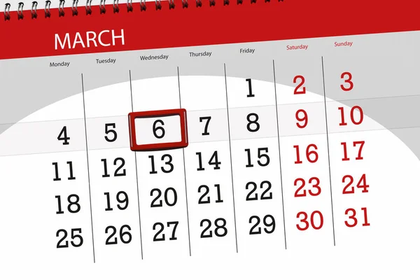 Planner kalendarz dla miesiąca marca 2019, termin dnia, 6 środa — Zdjęcie stockowe