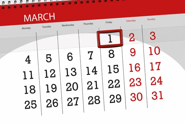 Calendário planejador para o mês de março de 2019, data limite, 1, sexta-feira — Fotografia de Stock
