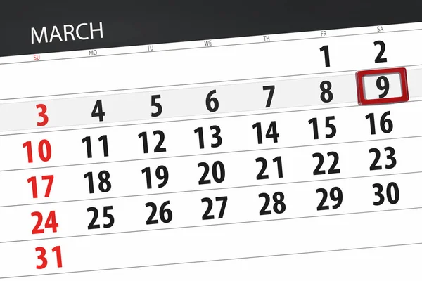 Calendário planejador para o mês de março de 2019, data limite, 9, sábado — Fotografia de Stock