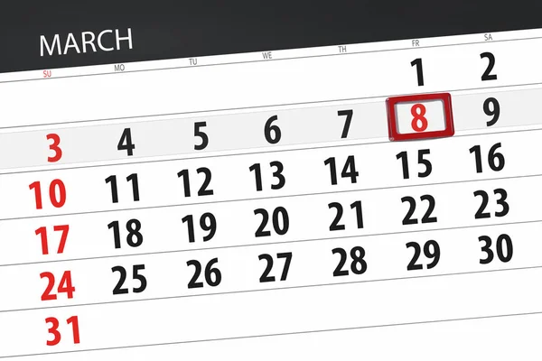 Planner kalendarz dla miesiąca marca 2019, termin dnia, 8, piątek — Zdjęcie stockowe