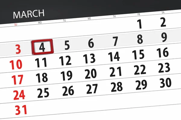 Planner kalendarz dla miesiąca marca 2019, termin dnia, 4, poniedziałek — Zdjęcie stockowe