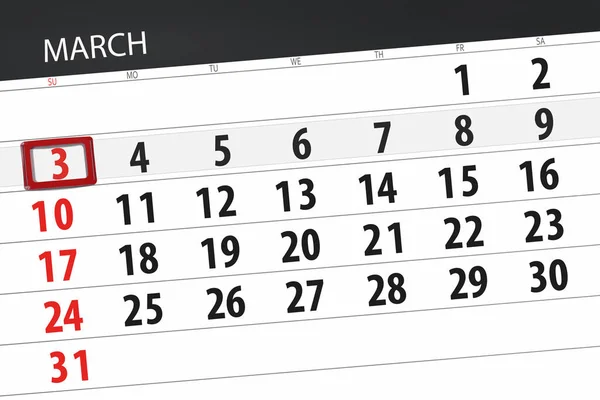 Calendário planejador para o mês de março de 2019, data limite, 3, domingo — Fotografia de Stock