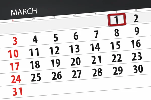 Planificador de calendario para el mes de marzo de 2019, fecha límite, 1, viernes — Foto de Stock