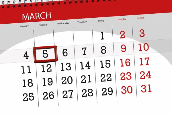 Planner kalendarz dla miesiąca marca 2019, termin dnia, 5, wtorek — Zdjęcie stockowe