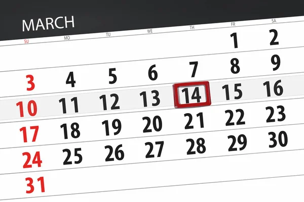Calendrier planificateur pour le mois de mars 2019, jour limite, 14 jeudi — Photo
