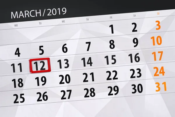 Planificador de calendario para el mes de marzo de 2019, fecha límite, 12 martes — Foto de Stock