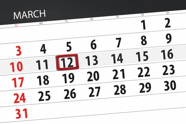 Calendrier planificateur pour le mois de mars 2019, date limite, 12 mardi — Photo