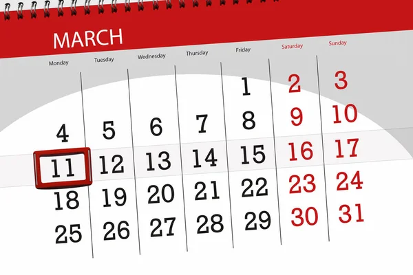 Calendário planejador para o mês de março de 2019, data limite, 11 segunda-feira — Fotografia de Stock