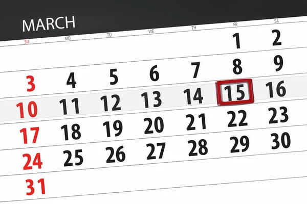 Planificador de calendario para el mes de marzo de 2019, fecha límite, 15 viernes — Foto de Stock