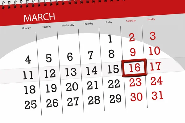 Calendario per il mese marzo 2019, giorno di scadenza, 16 sabato — Foto Stock
