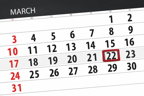 Planificador de calendario para el mes de marzo de 2019, fecha límite, 22 viernes — Foto de Stock